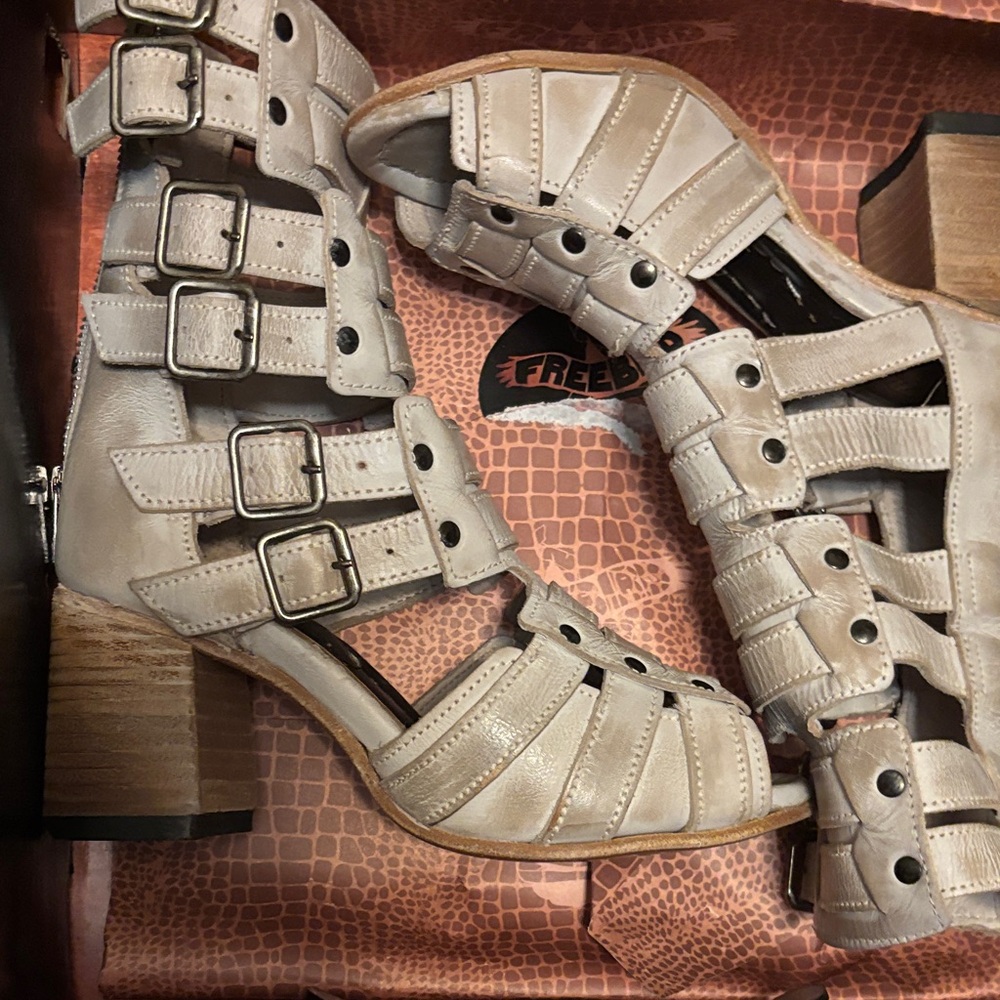 Freebird Women's Cream Strappy Heeled Boots